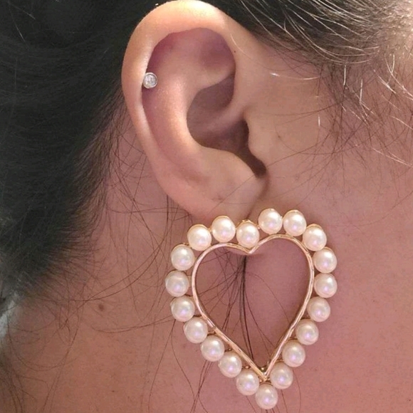 Gold Hoop heart earrings white faux pearl boho drop beaded coquette 💖2/$30 - Picture 12 of 16